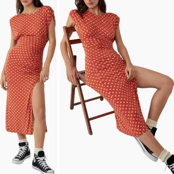 Free People Lakeside Heart Printed Midi Maxi Dress Small Ginger Rust Brown Fall - Picture 3 of 16
